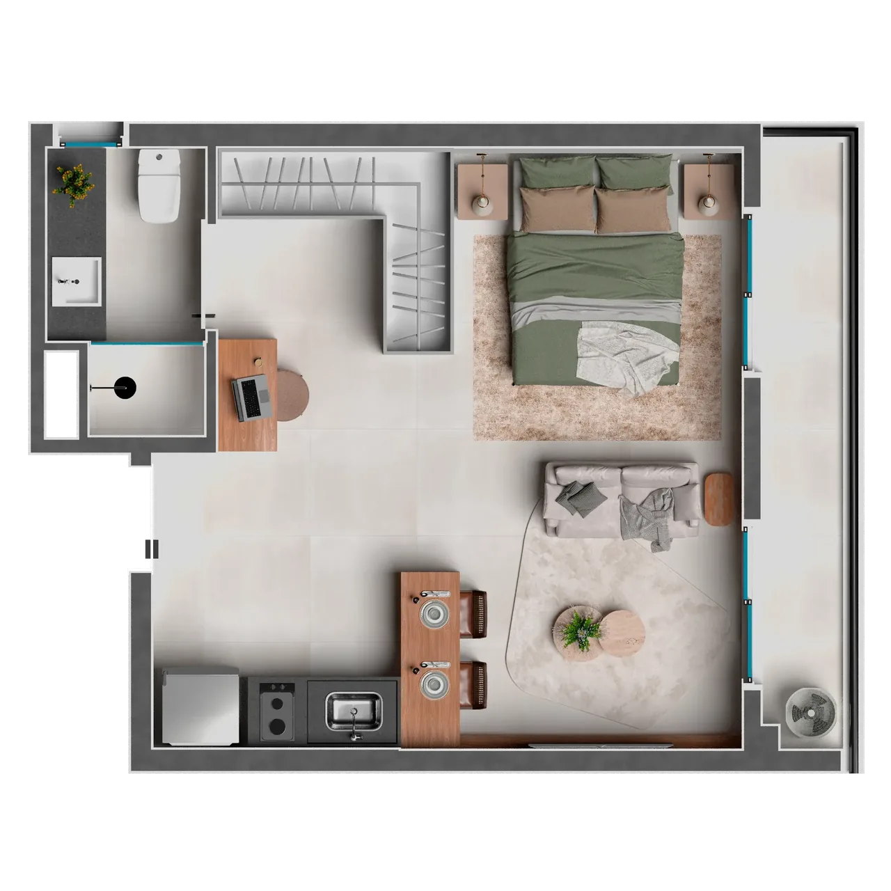 Planta do apartamento de 36 m² do Ferreira Liv